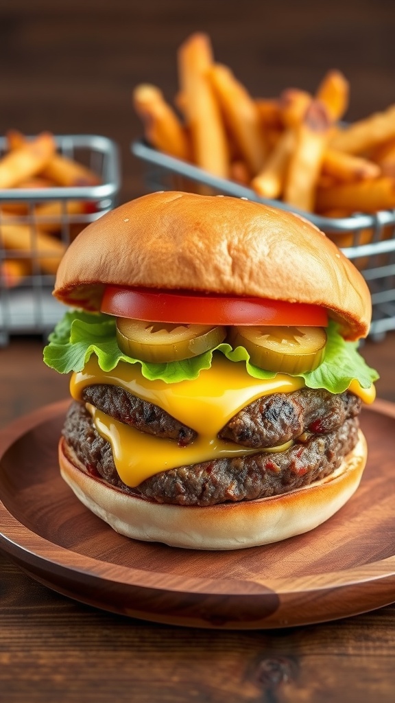 A juicy single patty burger with lettuce, tomato, and cheese on a plate with fries.